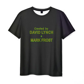 Мужская футболка 3D с принтом Created by Lynch & Frost , 100% полиэфир | прямой крой, круглый вырез горловины, длина до линии бедер | david lynch | mark frost | twin peaks | твин пикс