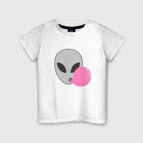 Детская футболка хлопок с принтом Инопланетная жвачка , 100% хлопок | круглый вырез горловины, полуприлегающий силуэт, длина до линии бедер | Тематика изображения на принте: жвачка | инопланетянин | лицо | минимализм | нло | пузырь