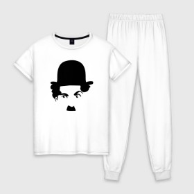 Женская пижама хлопок с принтом Чарли Чаплин , 100% хлопок | брюки и футболка прямого кроя, без карманов, на брюках мягкая резинка на поясе и по низу штанин | глаза. котелок | знаменитость | известность | лицо | минимализм | портрет | чаплин | чарли