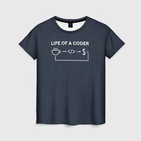 Женская футболка 3D с принтом Life of a coder , 100% полиэфир ( синтетическое хлопкоподобное полотно) | прямой крой, круглый вырез горловины, длина до линии бедер | coder | деньги | доллары | жизнь | код | кофе | программист | тыжпрограммист | цикл | язык