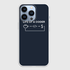 Чехол для iPhone 13 Pro с принтом Life of a coder ,  |  | coder | деньги | доллары | жизнь | код | кофе | программист | тыжпрограммист | цикл | язык