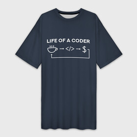 Платье-футболка 3D с принтом Life of a coder ,  |  | coder | деньги | доллары | жизнь | код | кофе | программист | тыжпрограммист | цикл | язык
