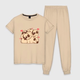 Женская пижама хлопок с принтом Мопс-кучка , 100% хлопок | брюки и футболка прямого кроя, без карманов, на брюках мягкая резинка на поясе и по низу штанин | pug | мопс