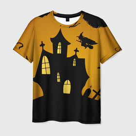 Мужская футболка 3D с принтом Страшный домик , 100% полиэфир | прямой крой, круглый вырез горловины, длина до линии бедер | halloween | ведьма | замок | кладбище | кресты | луна | могилы | мышь | надгробья | ночь | призрак | страшно | хэллоуин