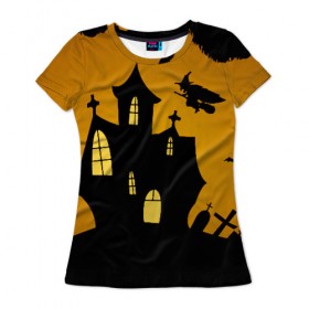 Женская футболка 3D с принтом Страшный домик , 100% полиэфир ( синтетическое хлопкоподобное полотно) | прямой крой, круглый вырез горловины, длина до линии бедер | halloween | ведьма | замок | кладбище | кресты | луна | могилы | мышь | надгробья | ночь | призрак | страшно | хэллоуин