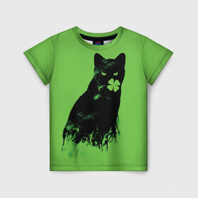 Детская футболка 3D с принтом Кот и Клевер , 100% гипоаллергенный полиэфир | прямой крой, круглый вырез горловины, длина до линии бедер, чуть спущенное плечо, ткань немного тянется | cat | clover | ireland | patric saint day | день святого патрика | ирландия | клевер | кот | кошка | черная кошка
