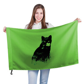Флаг 3D с принтом Кот и Клевер , 100% полиэстер | плотность ткани — 95 г/м2, размер — 67 х 109 см. Принт наносится с одной стороны | cat | clover | ireland | patric saint day | день святого патрика | ирландия | клевер | кот | кошка | черная кошка