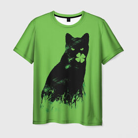 Мужская футболка 3D с принтом Кот и Клевер , 100% полиэфир | прямой крой, круглый вырез горловины, длина до линии бедер | cat | clover | ireland | patric saint day | день святого патрика | ирландия | клевер | кот | кошка | черная кошка