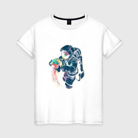 Женская футболка хлопок с принтом Космическая медуза , 100% хлопок | прямой крой, круглый вырез горловины, длина до линии бедер, слегка спущенное плечо | астронавт | космонавт | космос | краски | медуза | невесомость | свет. отражение. тело | скафандр | фантастика | цвета | чудеса