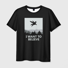 Мужская футболка 3D с принтом I Want to Believe , 100% полиэфир | прямой крой, круглый вырез горловины, длина до линии бедер | magic | unicorn | верить | единорог | лес | магия