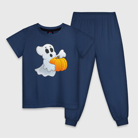 Детская пижама хлопок с принтом Приведение с тыквой , 100% хлопок |  брюки и футболка прямого кроя, без карманов, на брюках мягкая резинка на поясе и по низу штанин
 | Тематика изображения на принте: halloween | тыква | хэллоуин