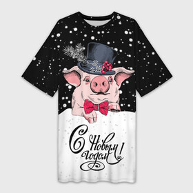 Платье-футболка 3D с принтом Поросенок в цилиндре ,  |  | бабочка | боров | важный | ветка | галстук | год | голова | гора | джентльмен | домашняя | ёлка | животное | зима | кабан | колючки | новый год | ночь | поросенок | пятачок | рябина | с новым годом | свинья