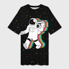 Платье-футболка 3D с принтом Космонавт с магнитофоном ,  |  | бесконечность | верховный | вселенная | звёзды | идёт | космонавт | космос | круто | лучший | магнитофон | мода | молодёжная | музыка | на плече | небо | несёт | поп арт | радуга | рисун | сказка