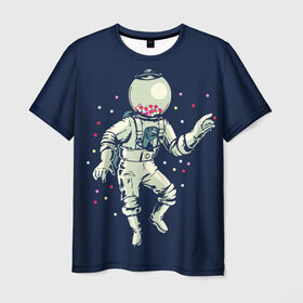 Мужская футболка 3D с принтом Космонавт и конфеты , 100% полиэфир | прямой крой, круглый вырез горловины, длина до линии бедер | бесконечность | верховный | вселенная | звёзды | идёт | космонавт | космос | круто | лучший | магнитофон | мода | молодёжная | музыка | на плече | небо | несёт | поп арт | радуга | рисун | сказка