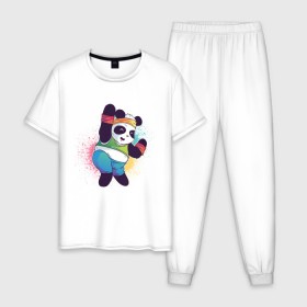 Мужская пижама хлопок с принтом Панда Зумба , 100% хлопок | брюки и футболка прямого кроя, без карманов, на брюках мягкая резинка на поясе и по низу штанин
 | dance | зумба | панда | танцует | танцы | фитнес