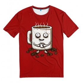 Мужская футболка 3D с принтом Кофеёчек , 100% полиэфир | прямой крой, круглый вырез горловины, длина до линии бедер | coffee | cup | food | mug | горячо | еда | кофе | кофеман | кофий | красный | крепкий | кружка | напиток | черный