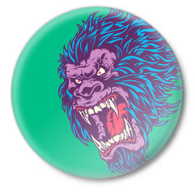 Значок с принтом Neon Yeti ,  металл | круглая форма, металлическая застежка в виде булавки | Тематика изображения на принте: beast | gorilla | monster | горилла | животное | йети | монстр