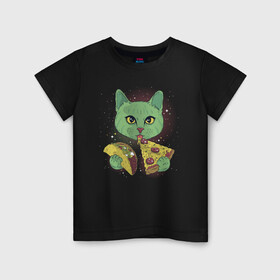 Детская футболка хлопок с принтом Кот в Космосе , 100% хлопок | круглый вырез горловины, полуприлегающий силуэт, длина до линии бедер | cat | kitty | pussycat | космический кот | космос | кот | кот с пиццей | котенок | котики | коты в космосе | котэ | кошка | полосатый