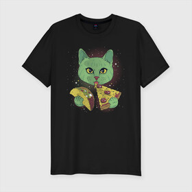 Мужская футболка хлопок Slim с принтом Кот в Космосе , 92% хлопок, 8% лайкра | приталенный силуэт, круглый вырез ворота, длина до линии бедра, короткий рукав | cat | kitty | pussycat | космический кот | космос | кот | кот с пиццей | котенок | котики | коты в космосе | котэ | кошка | полосатый