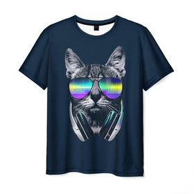 Мужская футболка 3D с принтом Кот в Наушниках , 100% полиэфир | прямой крой, круглый вырез горловины, длина до линии бедер | cat | cats | head | headphones | kitten | kitty | music | диджей | кот | котенок | коты | котята | кошка | кошки | музыка | наушники | очки | слушает | усы
