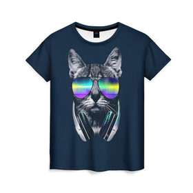 Женская футболка 3D с принтом Кот в Наушниках , 100% полиэфир ( синтетическое хлопкоподобное полотно) | прямой крой, круглый вырез горловины, длина до линии бедер | cat | cats | head | headphones | kitten | kitty | music | диджей | кот | котенок | коты | котята | кошка | кошки | музыка | наушники | очки | слушает | усы