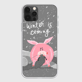 Чехол для iPhone 12 Pro Max с принтом Winter is coming , Силикон |  | Тематика изображения на принте: весёлый | вяжет | год | домашняя | животные | зима | клубок | мороз | надпись | наступает | новый год | п | поздравление | поросенок | праздник | прикольный | пятачок | рождество | розовый