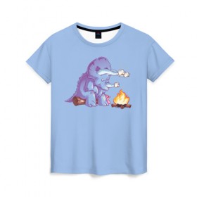 Женская футболка 3D с принтом Трицератопс у Костра , 100% полиэфир ( синтетическое хлопкоподобное полотно) | прямой крой, круглый вырез горловины, длина до линии бедер | dino | dinosaur | fire | flame | park | world | динозавр | динозавры | костер | мир | огонь | парк | периода | трицератопс | трицератопсы | юрского