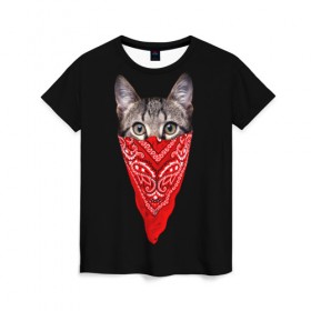 Женская футболка 3D с принтом Gangsta Cat , 100% полиэфир ( синтетическое хлопкоподобное полотно) | прямой крой, круглый вырез горловины, длина до линии бедер | cat | cats | gangsta | kitten | kitty | pussy | гангстер | кот | котенок | котик | котики | коты | котята | кошка | кошки | платок