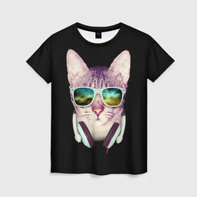 Женская футболка 3D с принтом Кот в Наушниках , 100% полиэфир ( синтетическое хлопкоподобное полотно) | прямой крой, круглый вырез горловины, длина до линии бедер | cat | cats | kitten | kitty | pussy | диджей | кот | котенок | котик | котики | коты | котята | кошка | кошки | наушники | очки