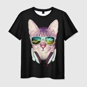 Мужская футболка 3D с принтом Кот в Наушниках , 100% полиэфир | прямой крой, круглый вырез горловины, длина до линии бедер | cat | cats | kitten | kitty | pussy | диджей | кот | котенок | котик | котики | коты | котята | кошка | кошки | наушники | очки
