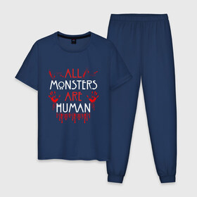 Мужская пижама хлопок с принтом ALL MONSTERS ARE HUMAN , 100% хлопок | брюки и футболка прямого кроя, без карманов, на брюках мягкая резинка на поясе и по низу штанин
 | all monsters are human | american horror story | blood | американская история ужасов | брызги | кровь | сериал | ужасы