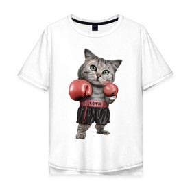 Мужская футболка хлопок Oversize с принтом Кот боксёр , 100% хлопок | свободный крой, круглый ворот, “спинка” длиннее передней части | Тематика изображения на принте: боец | бокс | боксёр | кот | котёнок | кошак | кошка | кулак | спорт | шорты