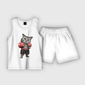 Детская пижама с шортами хлопок с принтом Кот боксёр ,  |  | Тематика изображения на принте: боец | бокс | боксёр | кот | котёнок | кошак | кошка | кулак | спорт | шорты