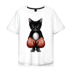 Мужская футболка хлопок Oversize с принтом Котёнок боксёр , 100% хлопок | свободный крой, круглый ворот, “спинка” длиннее передней части | Тематика изображения на принте: боец | бокс | боксёр | кот | котёнок | кошак | кошка | кулак | спорт | шорты