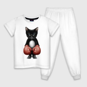 Детская пижама хлопок с принтом Котёнок боксёр , 100% хлопок |  брюки и футболка прямого кроя, без карманов, на брюках мягкая резинка на поясе и по низу штанин
 | Тематика изображения на принте: боец | бокс | боксёр | кот | котёнок | кошак | кошка | кулак | спорт | шорты