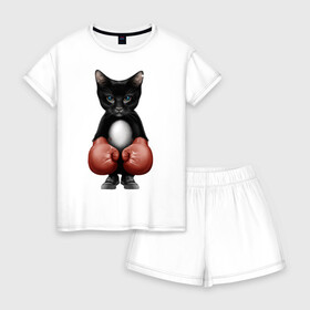 Женская пижама с шортиками хлопок с принтом Котёнок боксёр , 100% хлопок | футболка прямого кроя, шорты свободные с широкой мягкой резинкой | Тематика изображения на принте: боец | бокс | боксёр | кот | котёнок | кошак | кошка | кулак | спорт | шорты