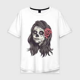 Мужская футболка хлопок Oversize с принтом Mexican girl , 100% хлопок | свободный крой, круглый ворот, “спинка” длиннее передней части | девушка | зомби | мексика | паутина | роза | тату | хэллоуин | череп