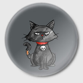 Значок с принтом Кот бедолага ,  металл | круглая форма, металлическая застежка в виде булавки | кот | череп | черный