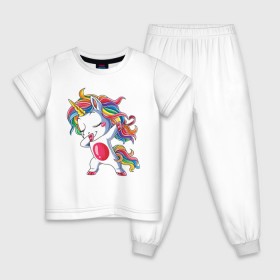 Детская пижама хлопок с принтом Dabbing Unicorn , 100% хлопок |  брюки и футболка прямого кроя, без карманов, на брюках мягкая резинка на поясе и по низу штанин
 | dab | dab единорог | dabbing unicorn | unicorn | единорог радуга | краски | прикольные картинки | радуга | радужные краски | радужный единорог