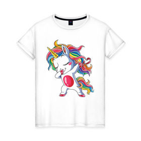Женская футболка хлопок с принтом Dabbing Unicorn , 100% хлопок | прямой крой, круглый вырез горловины, длина до линии бедер, слегка спущенное плечо | dab | dab единорог | dabbing unicorn | unicorn | единорог радуга | краски | прикольные картинки | радуга | радужные краски | радужный единорог
