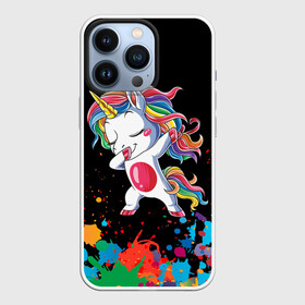 Чехол для iPhone 13 Pro с принтом Радужный единорог ,  |  | Тематика изображения на принте: dab | dab единорог | dabbing unicorn | unicorn | брызги красок | единорог радуга | краски | прикольные картинки | радуга | радужные краски | радужный единорог