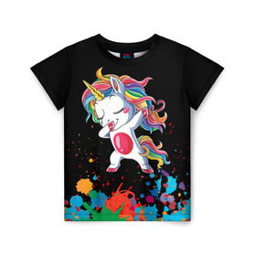 Детская футболка 3D с принтом Радужный единорог , 100% гипоаллергенный полиэфир | прямой крой, круглый вырез горловины, длина до линии бедер, чуть спущенное плечо, ткань немного тянется | dab | dab единорог | dabbing unicorn | unicorn | брызги красок | единорог радуга | краски | прикольные картинки | радуга | радужные краски | радужный единорог