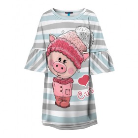 Детское платье 3D с принтом Милая свинка , 100% полиэстер | прямой силуэт, чуть расширенный к низу. Круглая горловина, на рукавах — воланы | 2019 | боров | взгляд | год | домашнее | животное | костюм | красная | милая | мода | новый год | пальто | подарок | поздравление | поросенок | праздник | рисунок | рождество | румянец | с новым годом