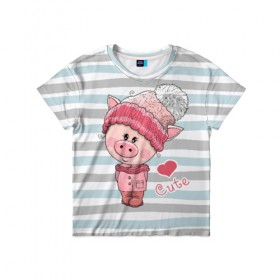 Детская футболка 3D с принтом Милая свинка , 100% гипоаллергенный полиэфир | прямой крой, круглый вырез горловины, длина до линии бедер, чуть спущенное плечо, ткань немного тянется | 2019 | боров | взгляд | год | домашнее | животное | костюм | красная | милая | мода | новый год | пальто | подарок | поздравление | поросенок | праздник | рисунок | рождество | румянец | с новым годом