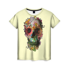 Женская футболка 3D с принтом Цветочный Череп , 100% полиэфир ( синтетическое хлопкоподобное полотно) | прямой крой, круглый вырез горловины, длина до линии бедер | bone | bones | flower | flowers | skeleton | skeletons | skull | skulls | кости | кость | скелет | скелеты | цветок | цветочки | цветочный | цветы | череп | черепа | черепок
