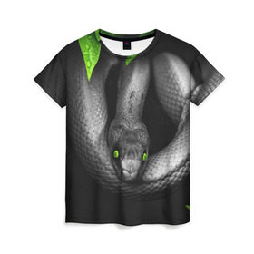 Женская футболка 3D с принтом Змея , 100% полиэфир ( синтетическое хлопкоподобное полотно) | прямой крой, круглый вырез горловины, длина до линии бедер | гадюка | животные | змея | листья | природа | удав | черно белое | черное и белое