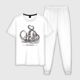 Мужская пижама хлопок с принтом Кракен , 100% хлопок | брюки и футболка прямого кроя, без карманов, на брюках мягкая резинка на поясе и по низу штанин
 | корабль | кракен | монстр | море | осьминог