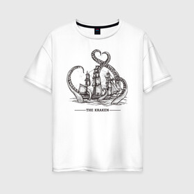 Женская футболка хлопок Oversize с принтом Кракен , 100% хлопок | свободный крой, круглый ворот, спущенный рукав, длина до линии бедер
 | корабль | кракен | монстр | море | осьминог