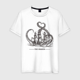 Мужская футболка хлопок с принтом Кракен , 100% хлопок | прямой крой, круглый вырез горловины, длина до линии бедер, слегка спущенное плечо. | корабль | кракен | монстр | море | осьминог
