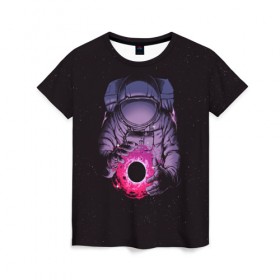 Женская футболка 3D с принтом Карманная вселенная , 100% полиэфир ( синтетическое хлопкоподобное полотно) | прямой крой, круглый вырез горловины, длина до линии бедер | астронавт | вселенная | галактика | звезда | космонавт | космос | свет | скафандр | солнце | стекло | тени | черная дыра